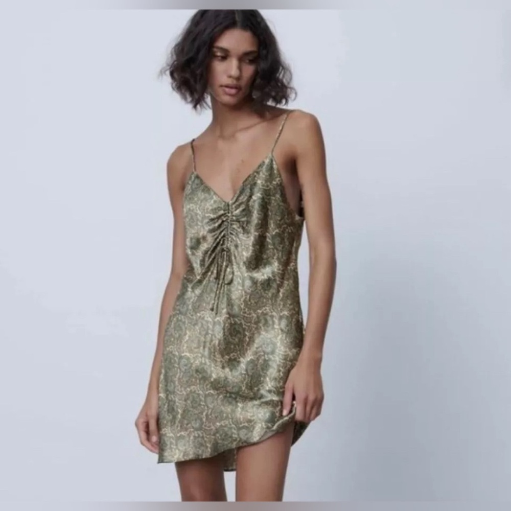 ZARA Green Paisley Satin Effect Dress